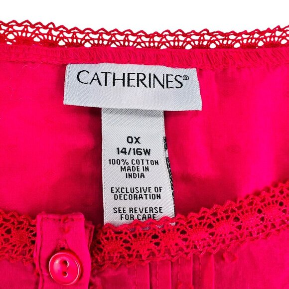 Catherines Womens Red Cotton Tunic Top OX 14/16W Lace Trim Relaxed Fit - Picture 2 of 6